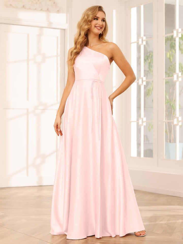 A-Line/Princess One-Shoulder Long Bridesmaid Dresses with Split Side &amp; Sash