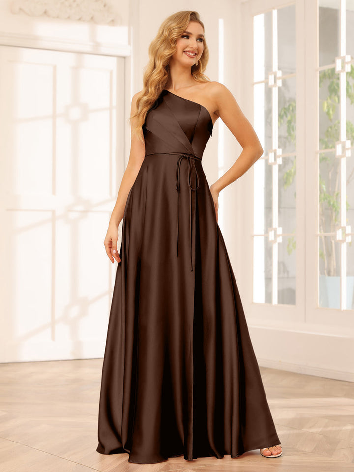 A-Line/Princess One-Shoulder Long Bridesmaid Dresses with Split Side &amp; Sash
