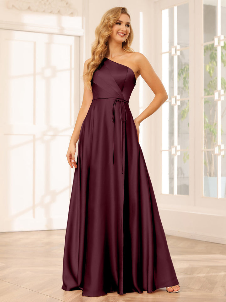 A-Line/Princess One-Shoulder Long Bridesmaid Dresses with Split Side &amp; Sash