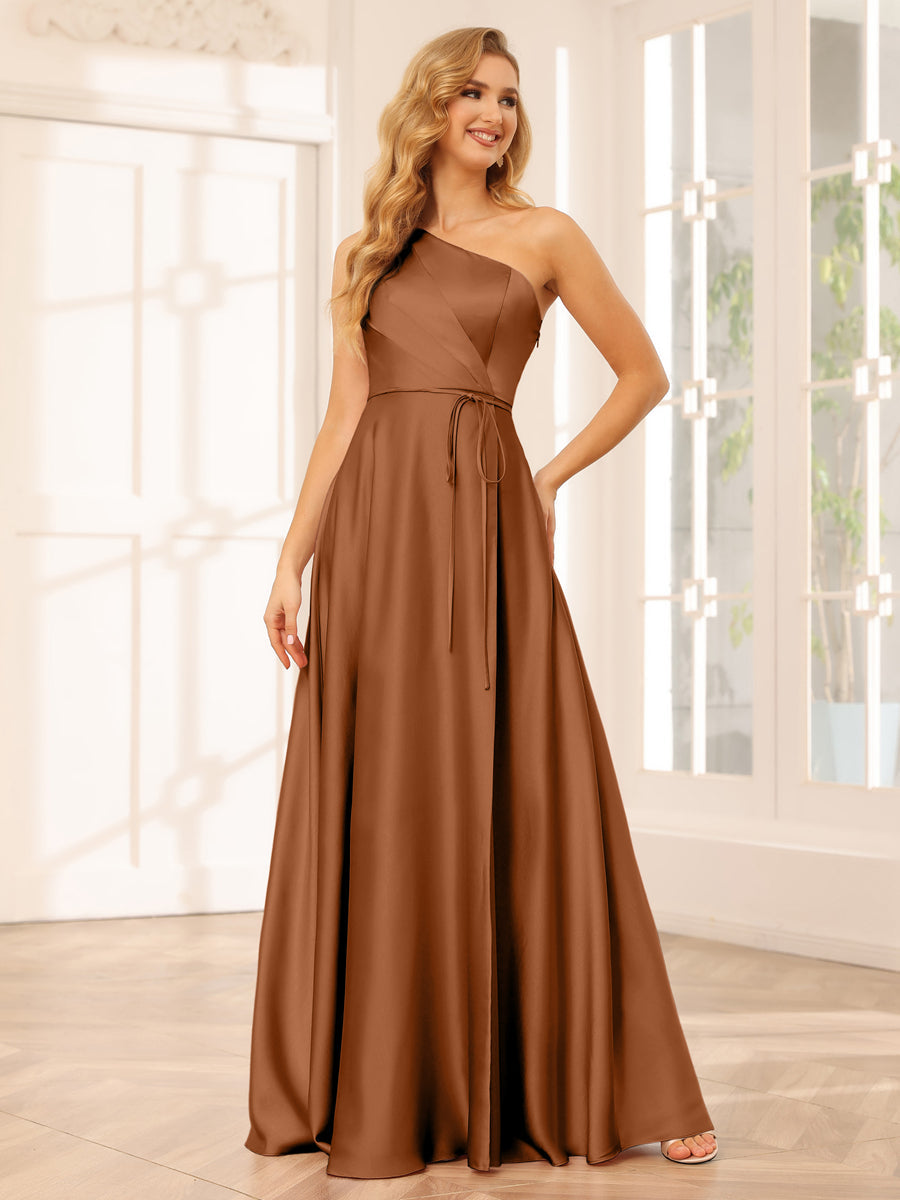 A-Line/Princess One-Shoulder Long Bridesmaid Dresses with Split Side &amp; Sash