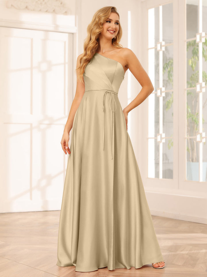 A-Line/Princess One-Shoulder Long Bridesmaid Dresses with Split Side &amp; Sash