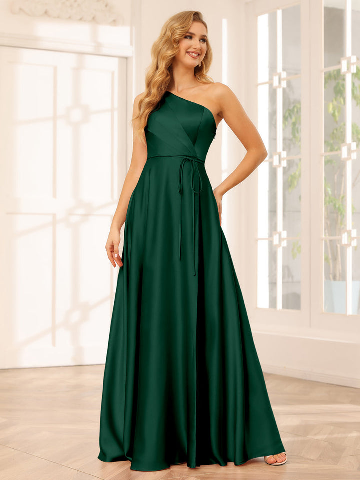 A-Line/Princess One-Shoulder Long Bridesmaid Dresses with Split Side &amp; Sash