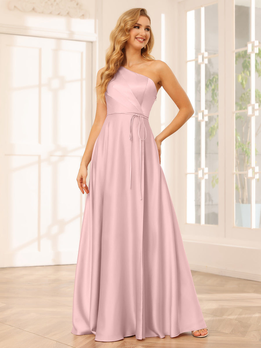 A-Line/Princess One-Shoulder Long Bridesmaid Dresses with Split Side &amp; Sash