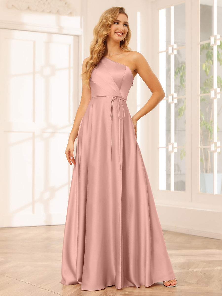 A-Line/Princess One-Shoulder Long Bridesmaid Dresses with Split Side &amp; Sash