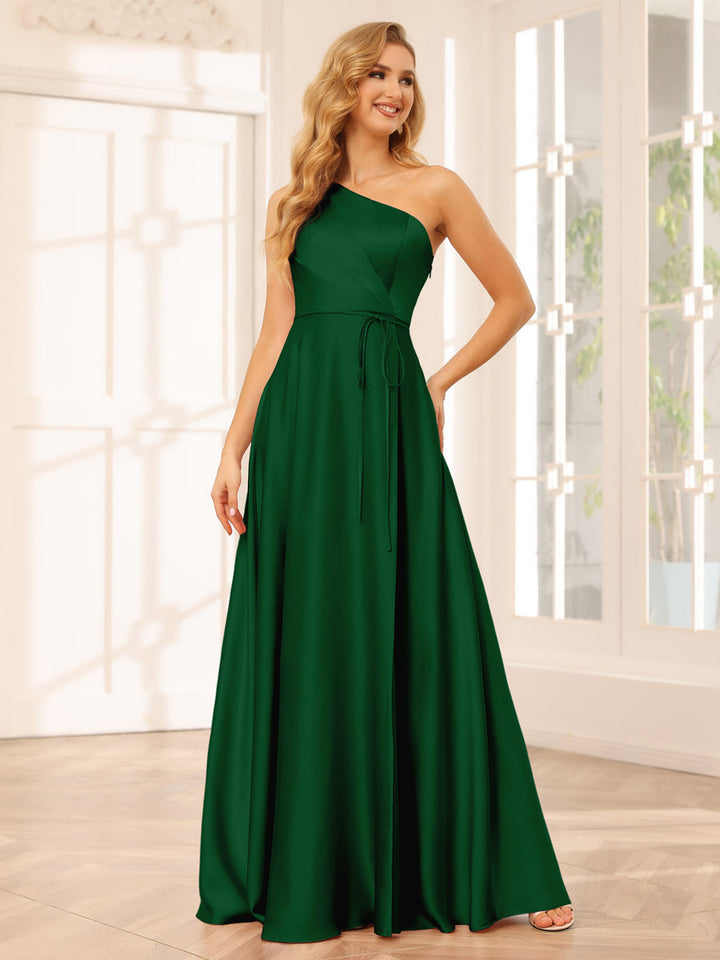 A-Line/Princess One-Shoulder Long Bridesmaid Dresses with Split Side &amp; Sash