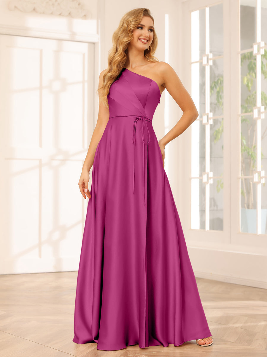 A-Line/Princess One-Shoulder Long Bridesmaid Dresses with Split Side &amp; Sash