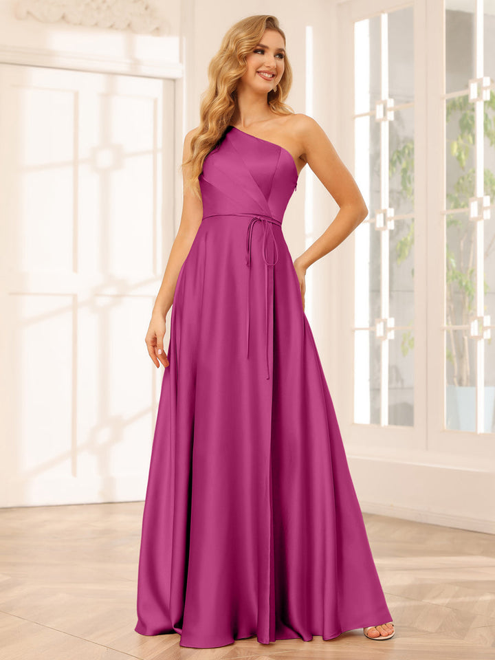 A-Line/Princess One-Shoulder Long Bridesmaid Dresses with Split Side &amp; Sash
