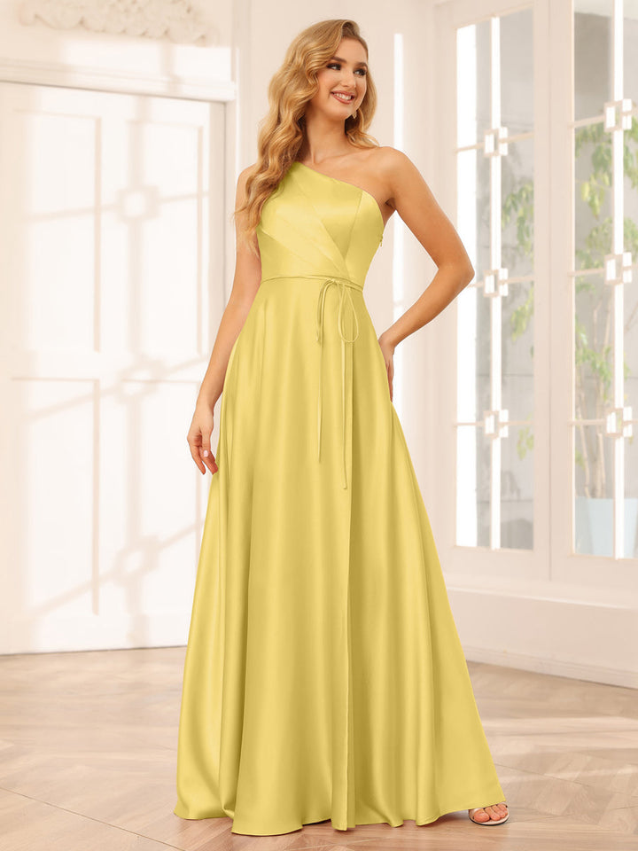 A-Line/Princess One-Shoulder Long Bridesmaid Dresses with Split Side &amp; Sash