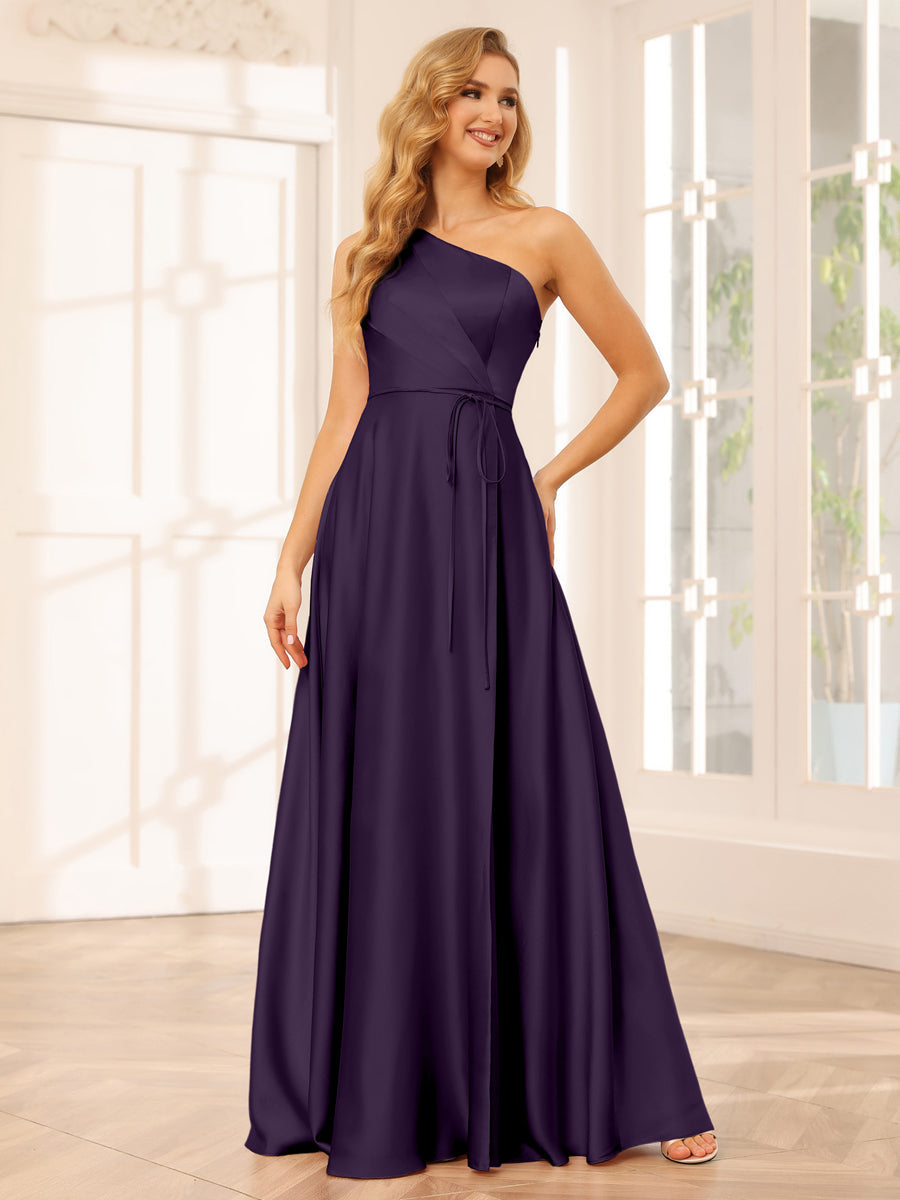 A-Line/Princess One-Shoulder Long Bridesmaid Dresses with Split Side &amp; Sash