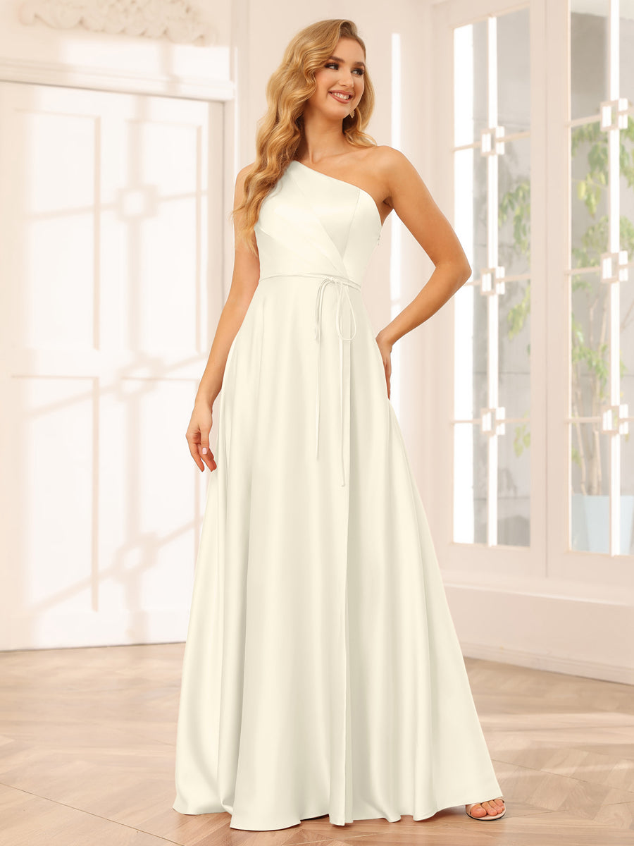 Lavetir Bridesmaid Dresses Ivory A-Line/Princess One-Shoulder Long with Split Side & Sash 2026
