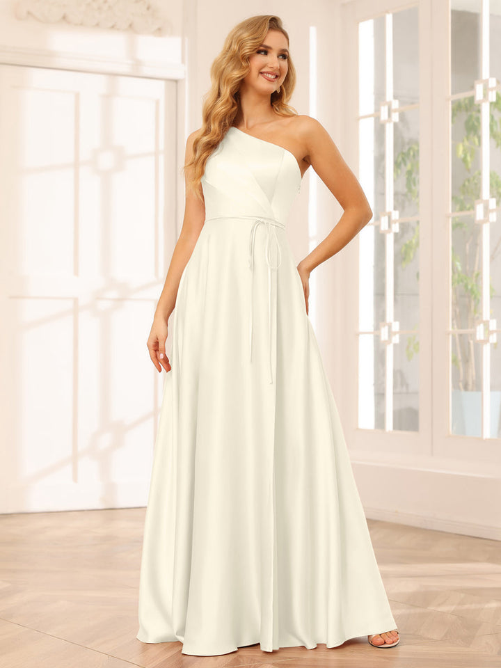 A-Line/Princess One-Shoulder Long Bridesmaid Dresses with Split Side &amp; Sash