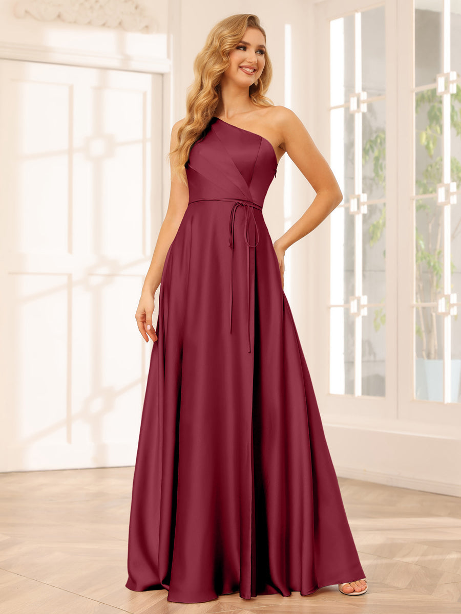 A-Line/Princess One-Shoulder Long Bridesmaid Dresses with Split Side &amp; Sash