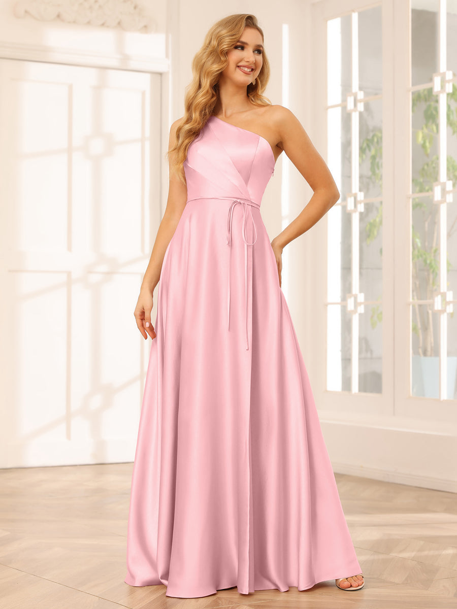 A-Line/Princess One-Shoulder Long Bridesmaid Dresses with Split Side &amp; Sash