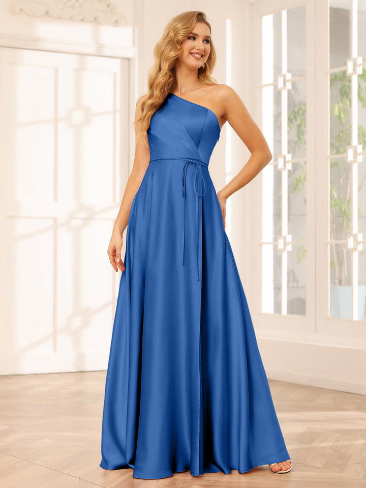A-Line/Princess One-Shoulder Long Bridesmaid Dresses with Split Side &amp; Sash