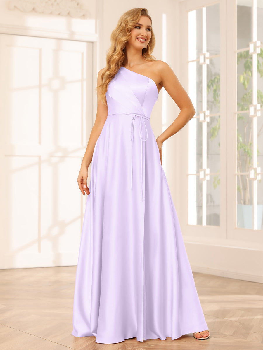 A-Line/Princess One-Shoulder Long Bridesmaid Dresses with Split Side &amp; Sash
