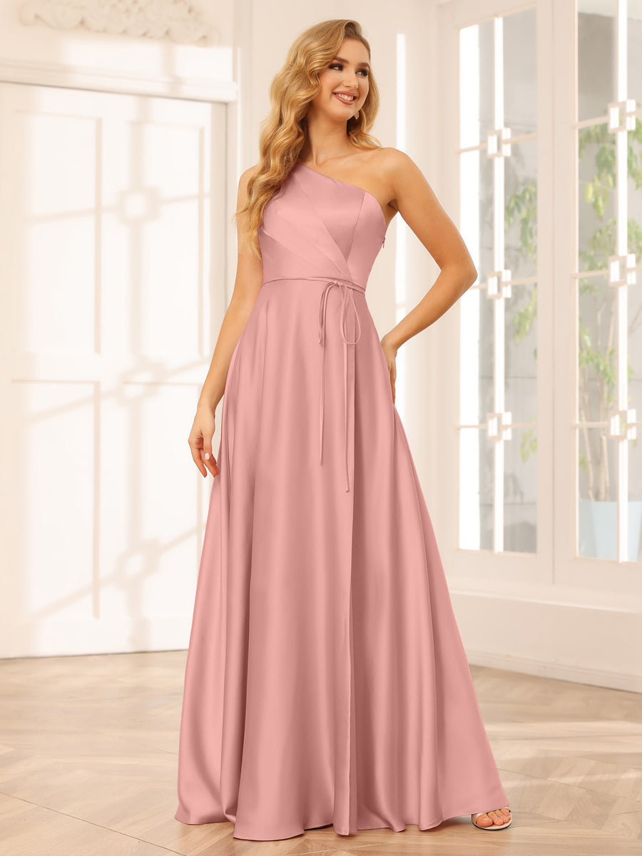 A-Line/Princess One-Shoulder Long Bridesmaid Dresses with Split Side &amp; Sash