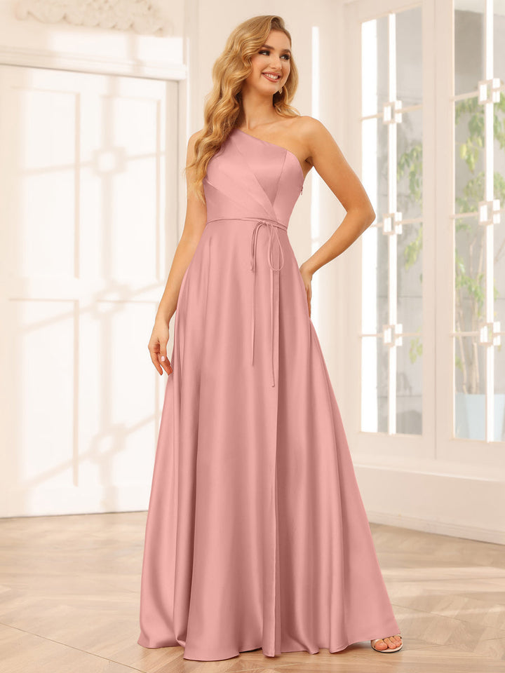 A-Line/Princess One-Shoulder Long Bridesmaid Dresses with Split Side &amp; Sash