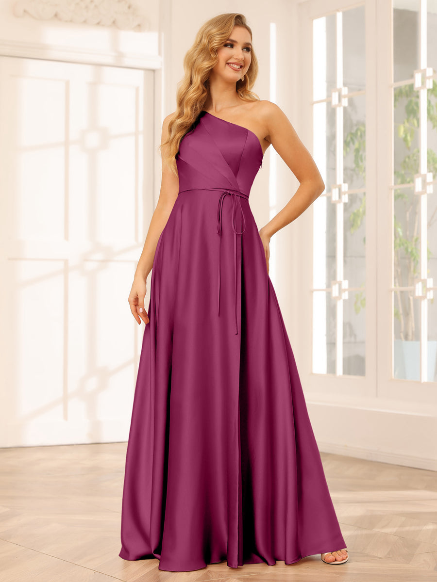 A-Line/Princess One-Shoulder Long Bridesmaid Dresses with Split Side &amp; Sash