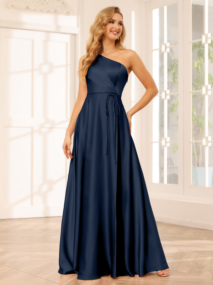 A-Line/Princess One-Shoulder Long Bridesmaid Dresses with Split Side &amp; Sash
