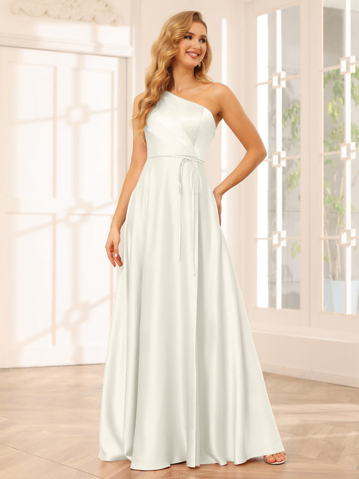A-Line/Princess One-Shoulder Long Bridesmaid Dresses with Split Side &amp; Sash