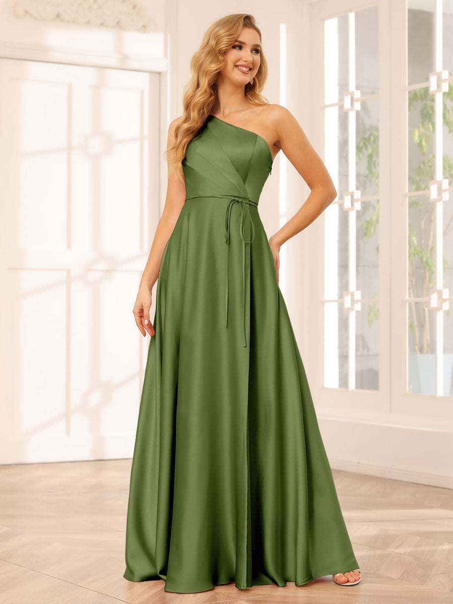 A-Line/Princess One-Shoulder Long Bridesmaid Dresses with Split Side &amp; Sash