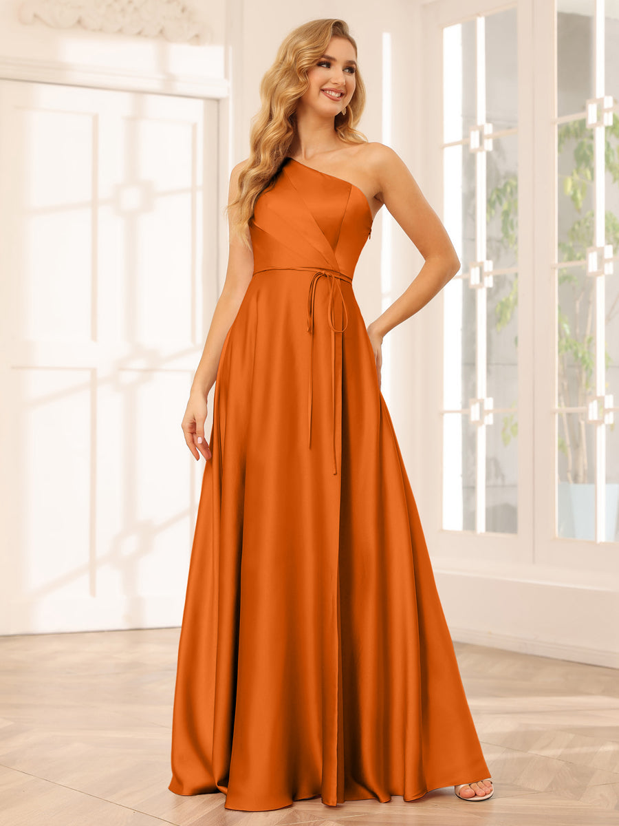 A-Line/Princess One-Shoulder Long Bridesmaid Dresses with Split Side &amp; Sash