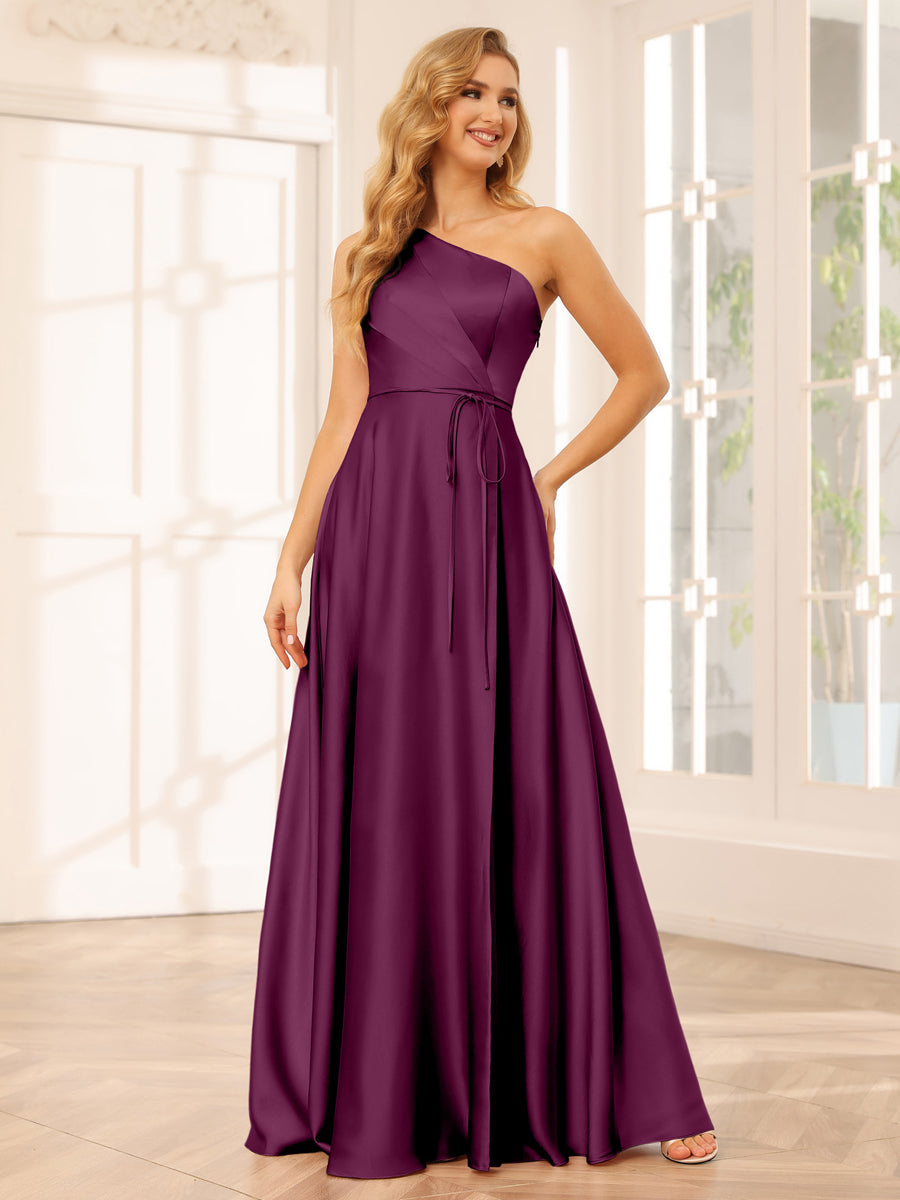 A-Line/Princess One-Shoulder Long Bridesmaid Dresses with Split Side &amp; Sash