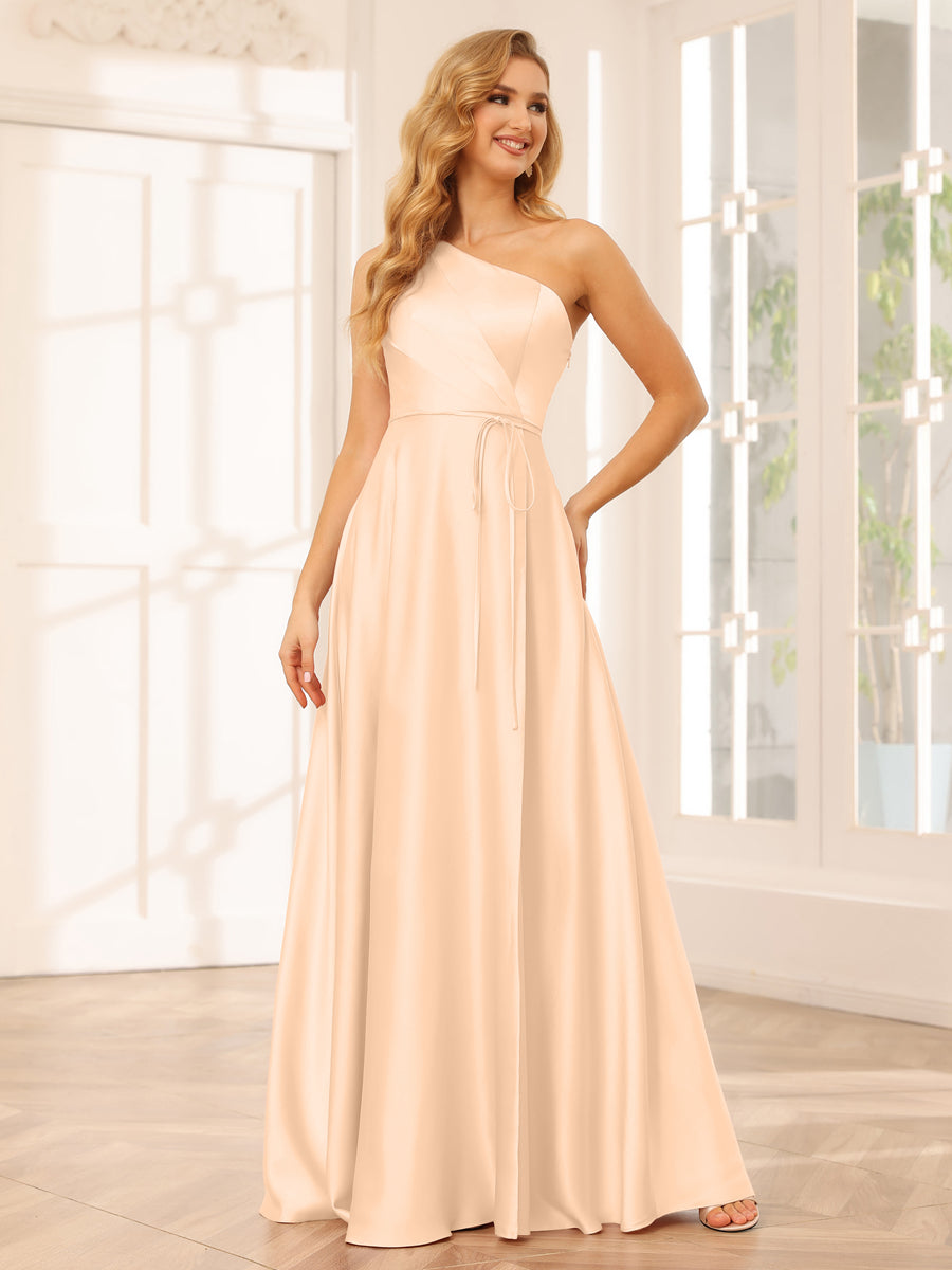 A-Line/Princess One-Shoulder Long Bridesmaid Dresses with Split Side &amp; Sash