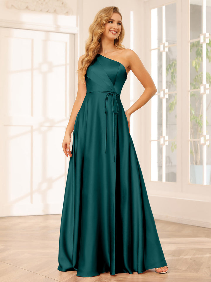 A-Line/Princess One-Shoulder Long Bridesmaid Dresses with Split Side &amp; Sash
