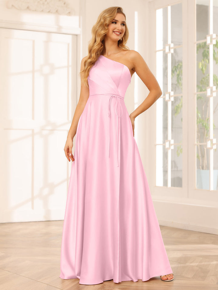 A-Line/Princess One-Shoulder Long Bridesmaid Dresses with Split Side &amp; Sash