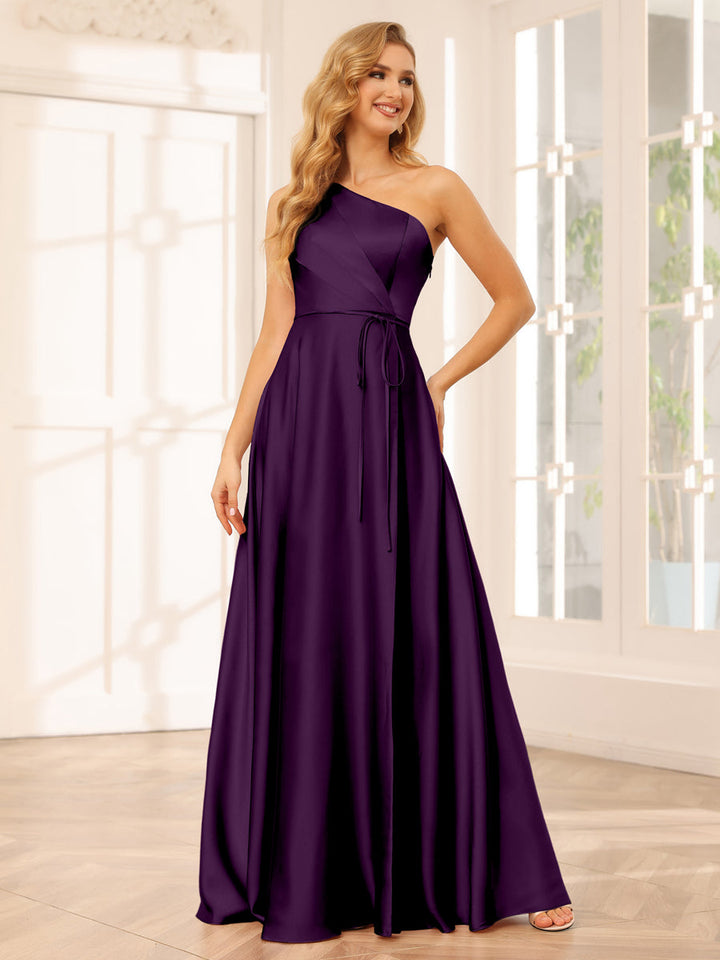 A-Line/Princess One-Shoulder Long Bridesmaid Dresses with Split Side &amp; Sash