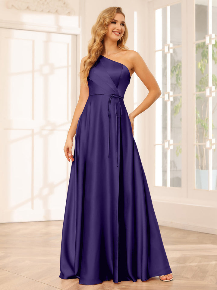 A-Line/Princess One-Shoulder Long Bridesmaid Dresses with Split Side &amp; Sash