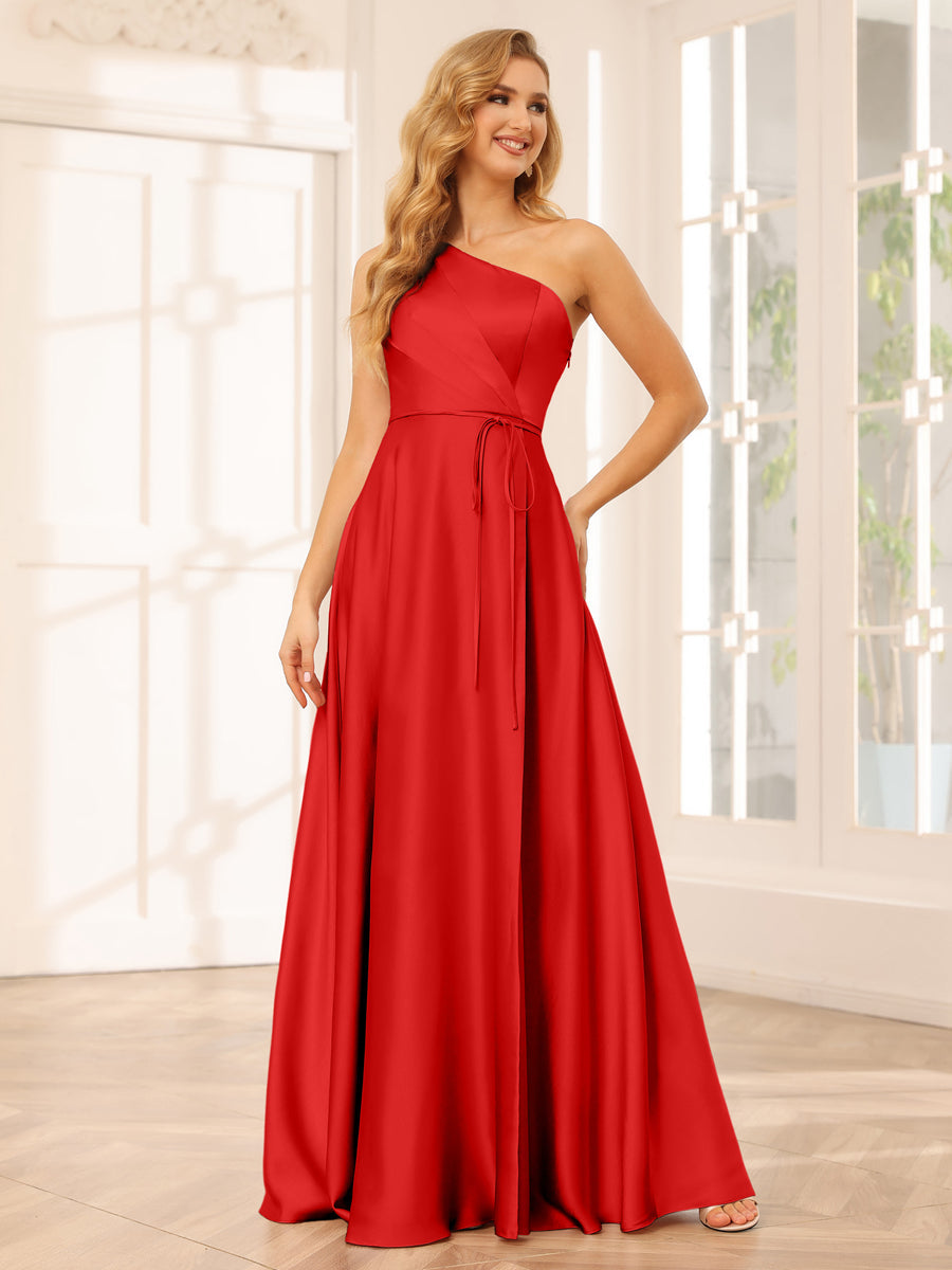 A-Line/Princess One-Shoulder Long Bridesmaid Dresses with Split Side &amp; Sash