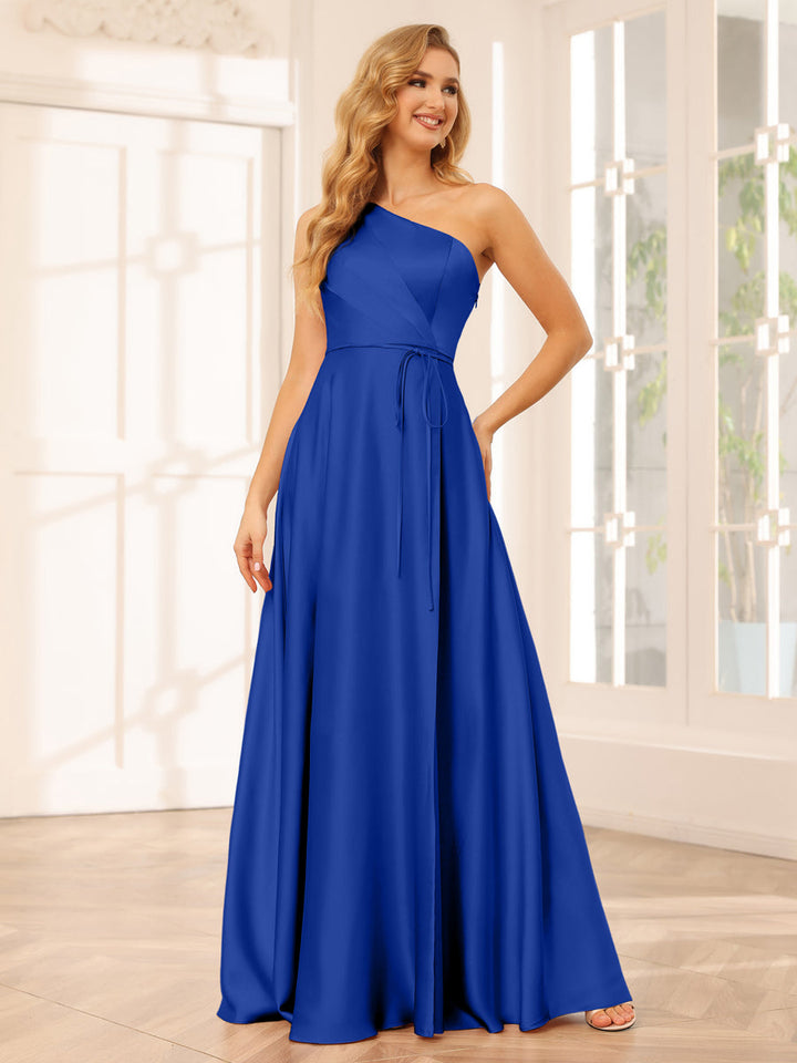 A-Line/Princess One-Shoulder Long Bridesmaid Dresses with Split Side &amp; Sash