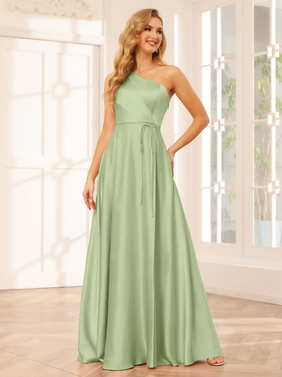 Lavetir Bridesmaid Dresses Sage A-Line/Princess One-Shoulder Long Formal Dresses with Split Side 2026