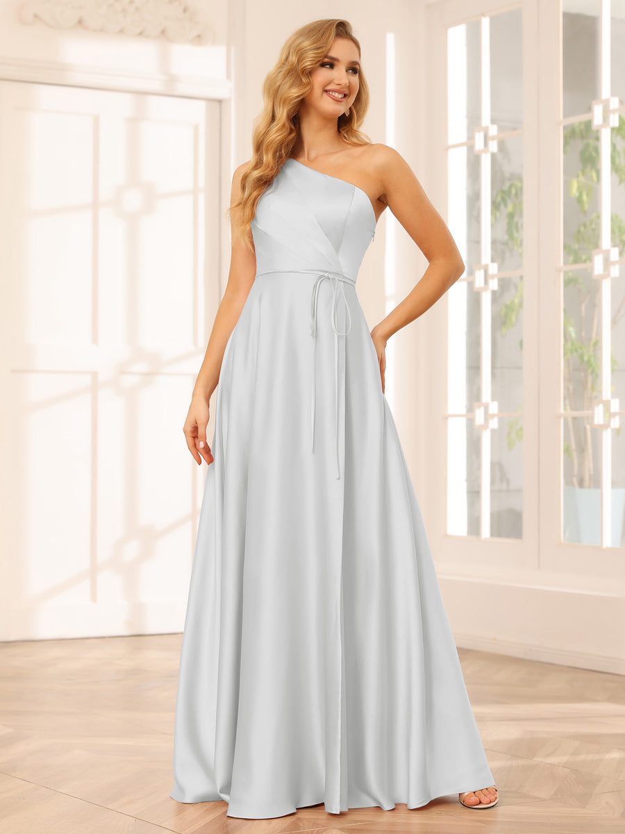 A-Line/Princess One-Shoulder Long Bridesmaid Dresses with Split Side &amp; Sash