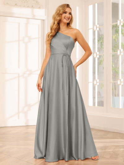 A-Line/Princess One-Shoulder Long Bridesmaid Dresses with Split Side & Sash