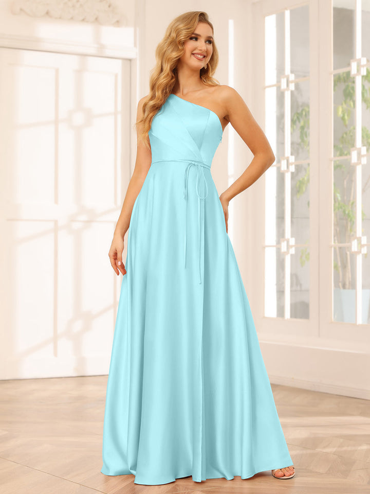 A-Line/Princess One-Shoulder Long Bridesmaid Dresses with Split Side &amp; Sash