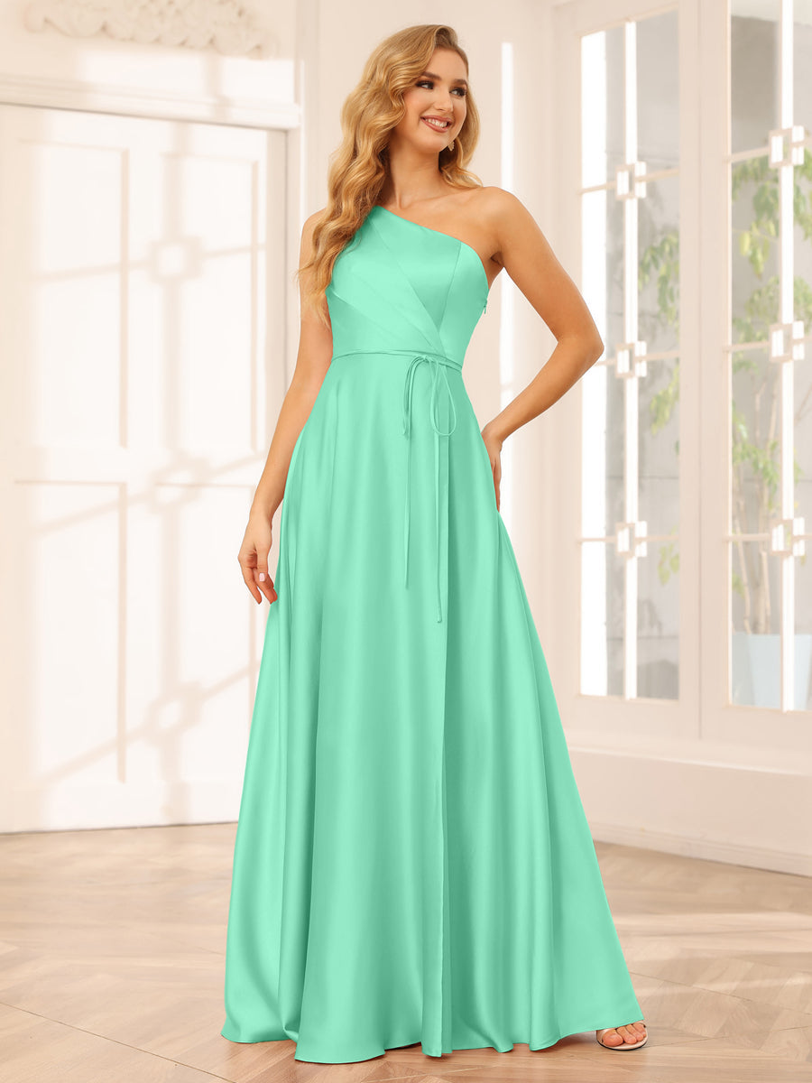 A-Line/Princess One-Shoulder Long Bridesmaid Dresses with Split Side &amp; Sash