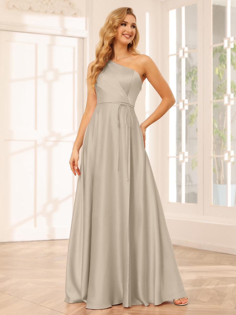 A-Line/Princess One-Shoulder Long Bridesmaid Dresses with Split Side &amp; Sash