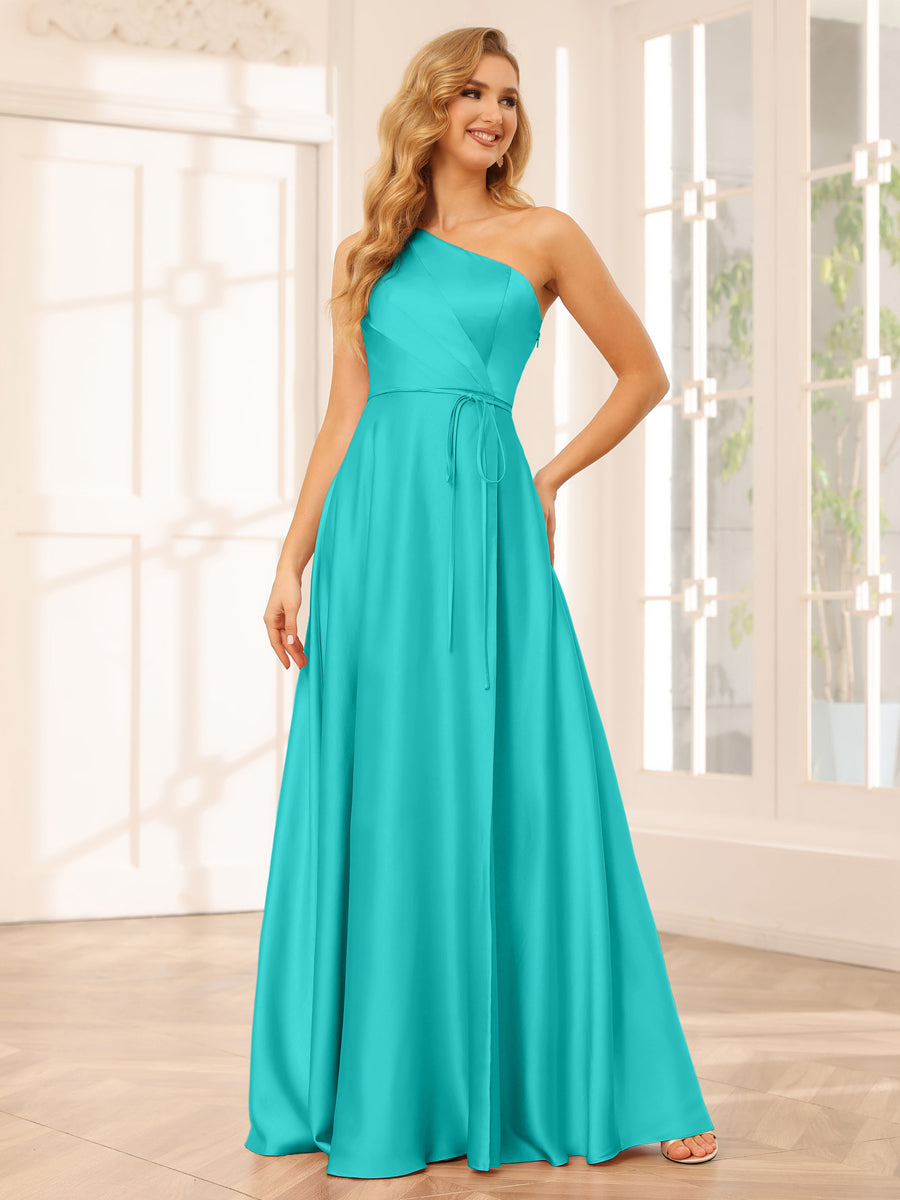 A-Line/Princess One-Shoulder Long Bridesmaid Dresses with Split Side &amp; Sash