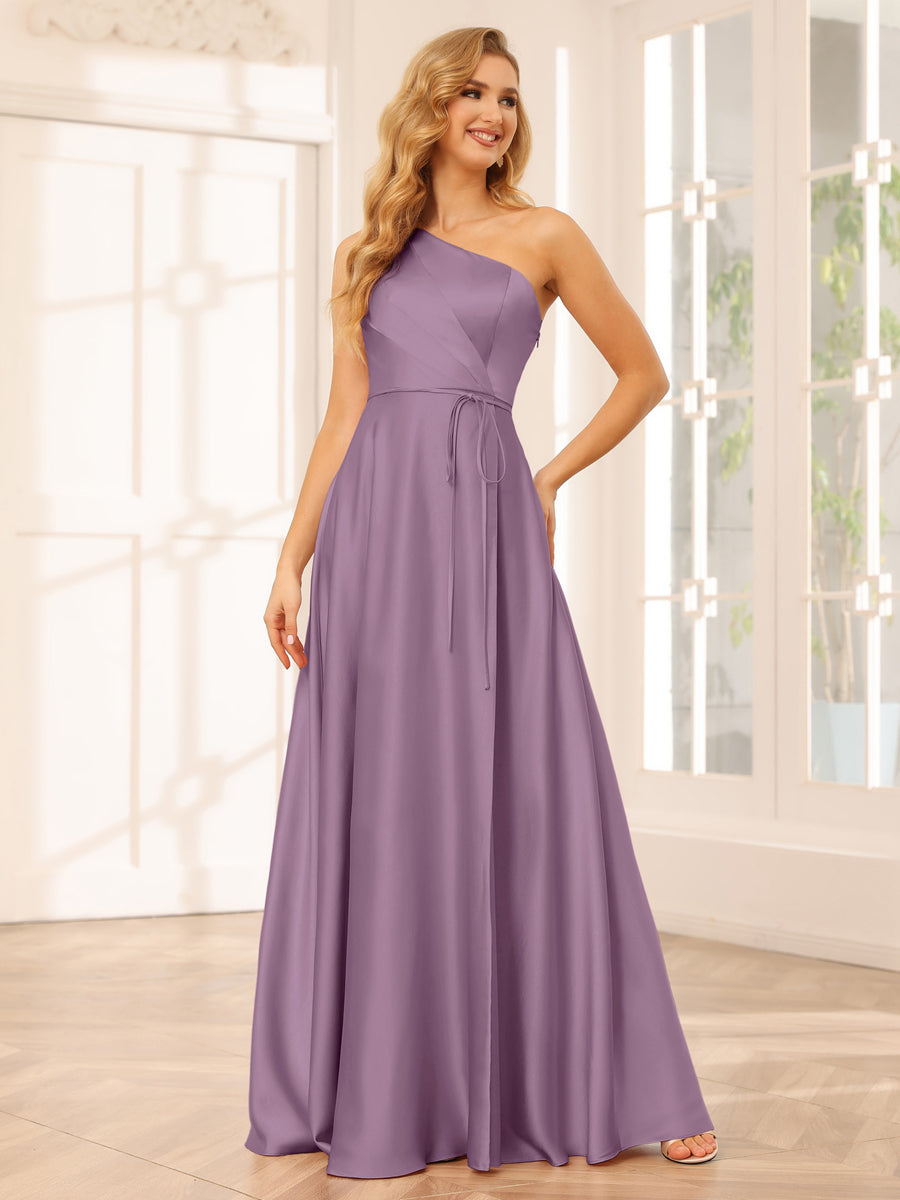 A-Line/Princess One-Shoulder Long Bridesmaid Dresses with Split Side & Sash