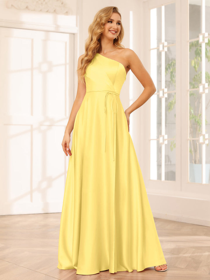 A-Line/Princess One-Shoulder Long Bridesmaid Dresses with Split Side &amp; Sash