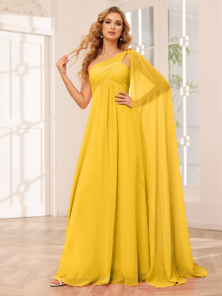 A-Line/Princess One-Shoulder Long Bridesmaid Dresses with Ruched