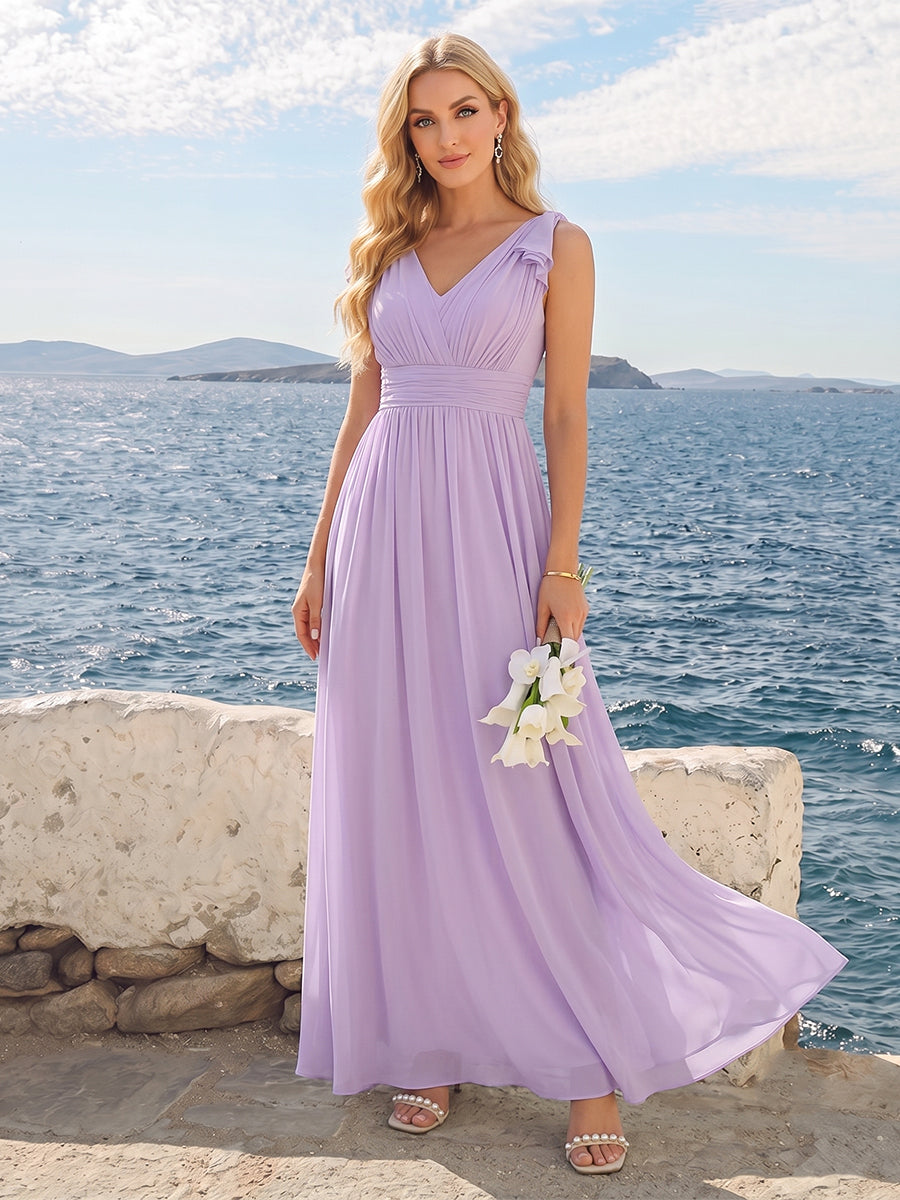 A-Line/Princess V-Neck Long Bridesmaid Dresses with Ruffles