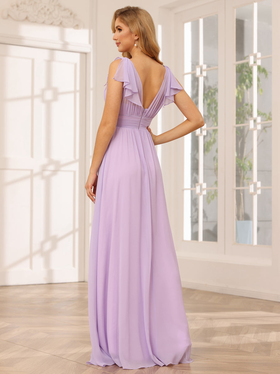 A-Line/Princess V-Neck Long Bridesmaid Dresses with Ruffles