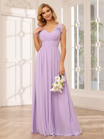 A-Line/Princess V-Neck Long Bridesmaid Dresses with Ruffles