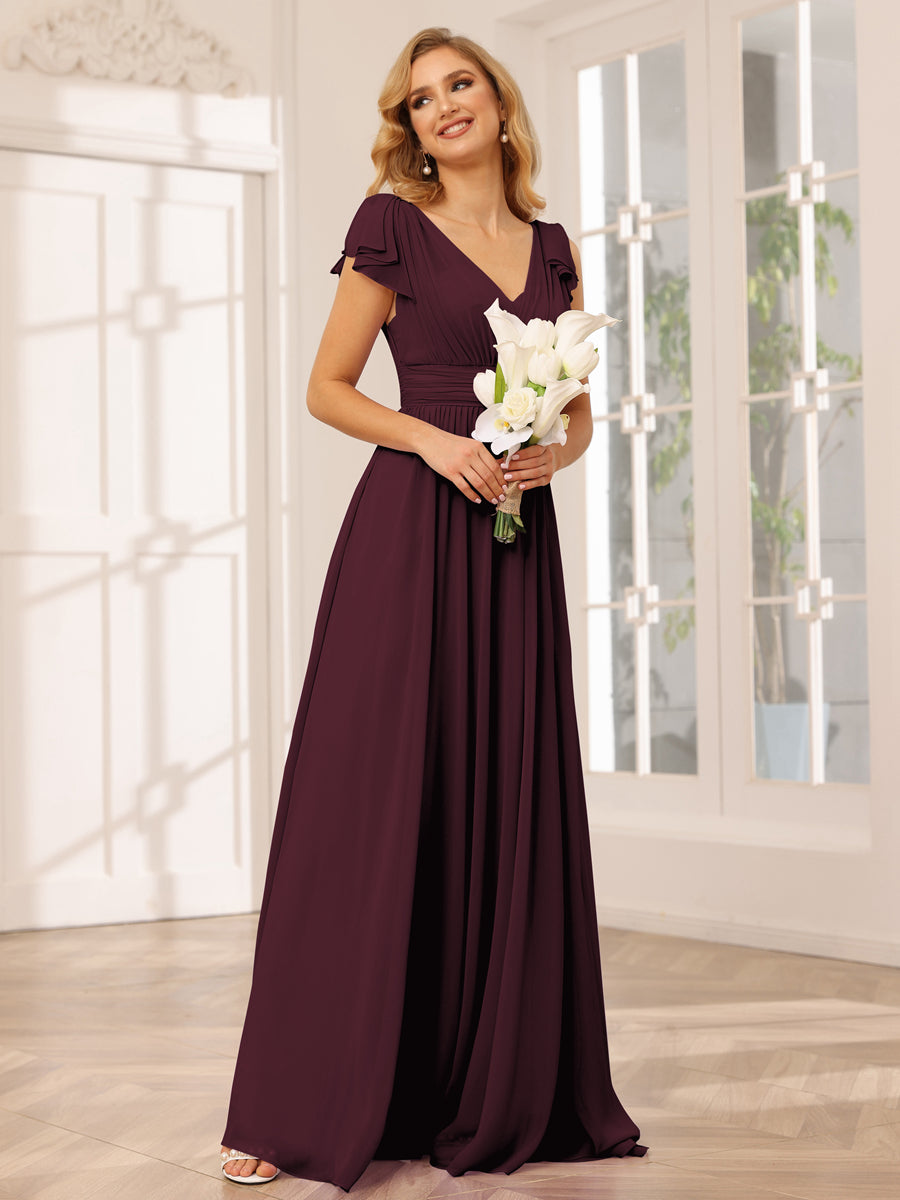 A-Line/Princess V-Neck Long Bridesmaid Dresses with Ruffles