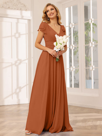 A-Line/Princess V-Neck Long Bridesmaid Dresses with Ruffles