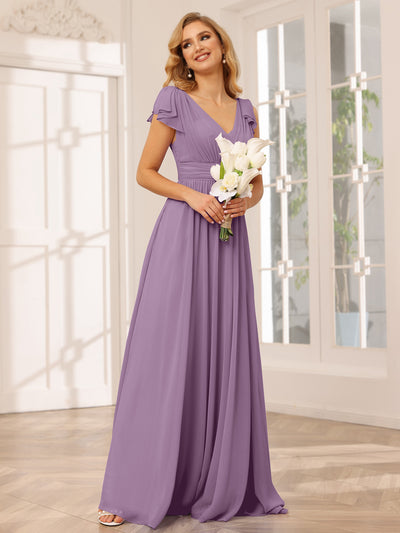 A-Line/Princess V-Neck Long Bridesmaid Dresses with Ruffles